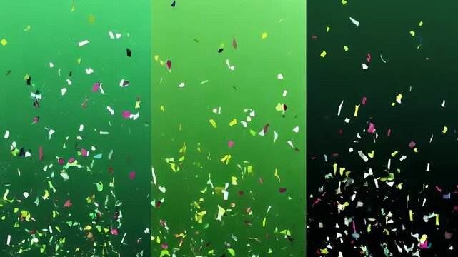 A triptych of colorful explosions, from green to black, featuring abstract fragments