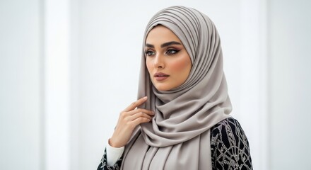 A woman wearing a grey hijab and a black and white patterned dress, standing in front of a white background.