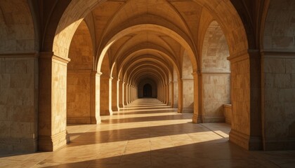 Beautiful Archway Corridor With Warm Sunlight Illuminating the Stone Walls