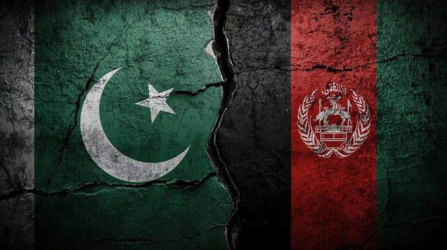 Pakistan and Afghanistan flags on cracked wall symbolizing conflict and political tension between the two countries in the region