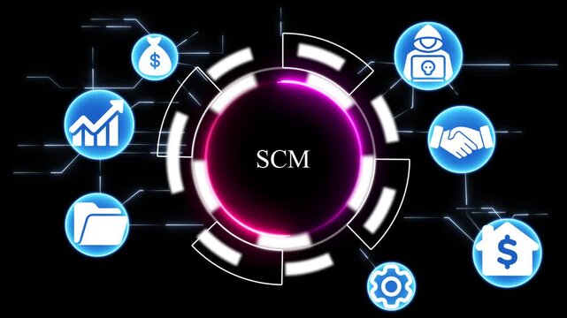 Supply Chain Management S C M network diagram with icons for finance growth hacking security partnership and operations on black background digital infographic concept