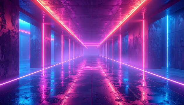Long tunnel with neon lights illuminating the futuristic structure