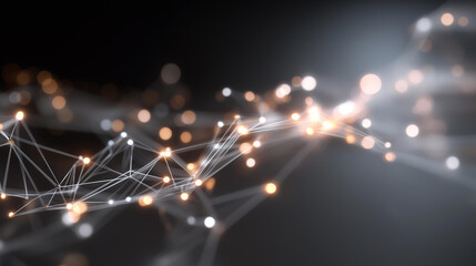 Visualization of digital neural network with 3D floating nodes and energetic data flows, representing AI decision-making, deep learning algorithms, computational intelligence, and futuristic