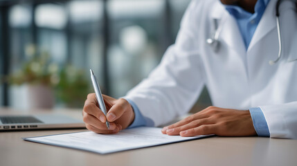 Doctor writing prescriptions and treatment recommendations on medical chart with reference to digital data screens, symbolizing integration of traditional record-keeping with modern healthcare