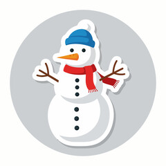 Happy Snowman Sticker in a Circular Badge, Winter Icon.