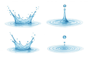 Water splash and ripple animation frame set with falling drops creating crown splash effect and concentric circles