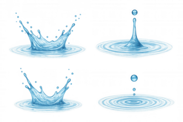 Water splash and ripple animation frame set with falling drops creating crown splash effect and concentric circles