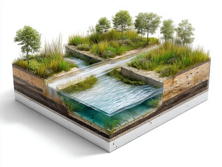 Bioswale system – Cutaway 3D view of a bioswale system with water flow direction, sediment traps, and layered vegetation roots. White background.