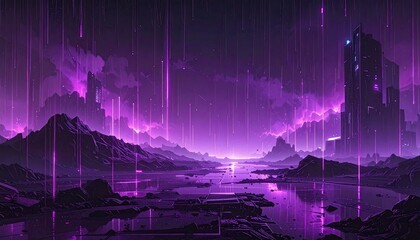 Pixelated Purple Sunset Over Mountainous Landscape with Streaks of Light Reflecting on Water and Cityscape Silhouette