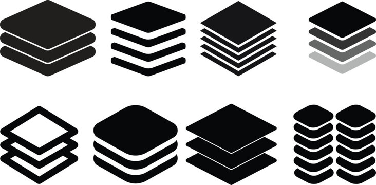 Layers icon. Layer line and flat icon set. Layer sign. Layout icon..Layers icon. Layer line and flat icon set. Layer stack illustration. Two, three four and five layers. Layer tier diagram icon. 