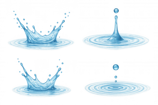 Water splash and ripple animation frame set with falling drops creating crown splash effect and concentric circles