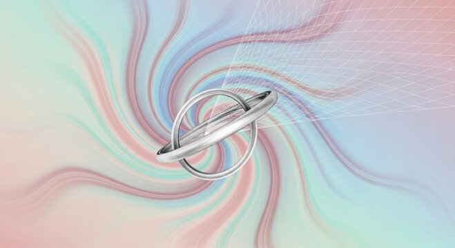 Metallic gyroscopic device hovers within abstract swirling pastel colored background.