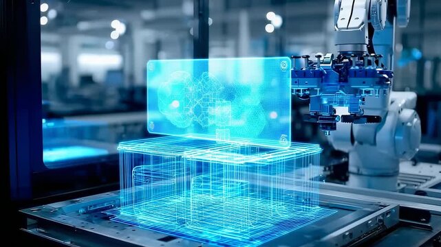 Advanced Robotic Arm Manipulating Transparent Holographic Graphics in a High-Tech Manufacturing Environment
