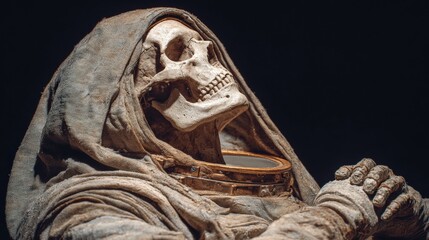 A mysterious figure draped in a tattered cloak, gazing upward, surrounded by dark shadows