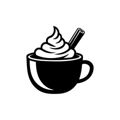 Minimalist black vector of a cup topped with whipped cream and a cinnamon stick, evoking the taste and warmth of hot cocoa or winter coffee.
