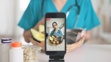 Asia woman people anti aging expert modern health care vlogger live advice talk selfie video mobile phone camera. Online diet food weight loss HDL meal plan recipe digital virtual asian coach filming.