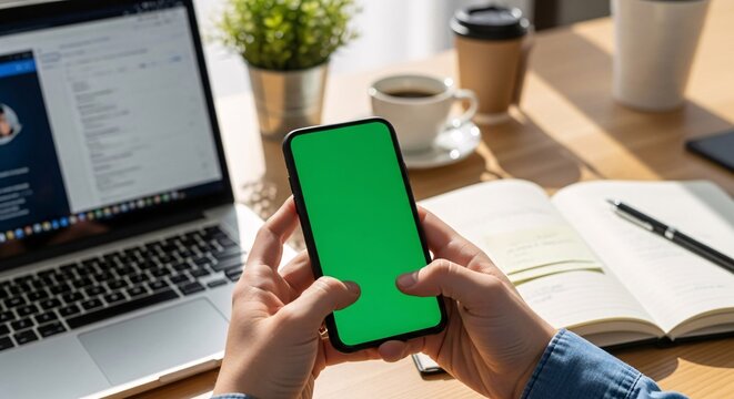Hands texting on smartphone with green screen beside laptop - Powered by Adobe