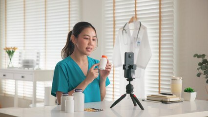 Asia woman people anti aging expert modern health care vlogger live advice talk selfie video mobile...