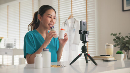 Asia woman people anti aging expert modern health care vlogger live advice talk selfie video mobile...