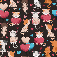 Obraz premium Cute Cats Seamless Pattern. Couple in Love, Animals with Flying Balloon, Gift Box and Heart Bouquet. Flat Design Valentine Background for Gift Wrap, Textile and Romantic Packaging.