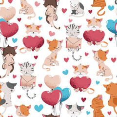 Cute Cats Seamless Pattern. Couple in Love, Animals with Flying Balloon, Gift Box and Heart Bouquet. Flat Design Valentine Background for Gift Wrap, Textile and Romantic Packaging.