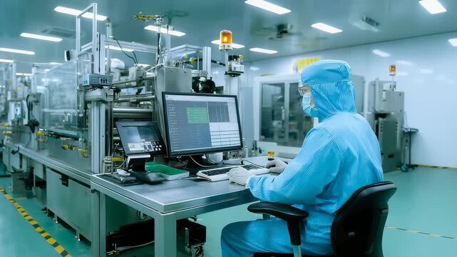 Professional Technician Operating Advanced Machinery in Cleanroom Environment for Precision Manufacturing
