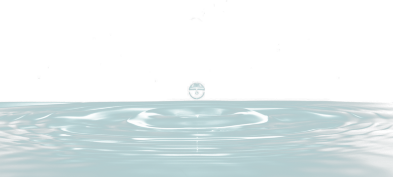 Water droplet impact creating concentric ripples on a dark teal surface.
