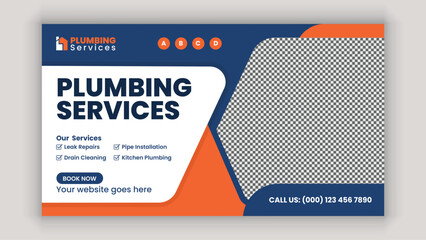 Home Plumbing Services Horizontal Banner Design Template for Faucet, Sink, and Bathroom Repair Advertisement