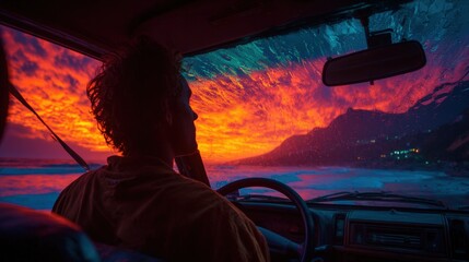 A person gazing at a vibrant sunset from inside a car by the beach, with waves crashing nearby