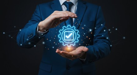 Man in Blue Suit Gesturing Over Glowing Gear with Checkmark Symbol and Network of Lights