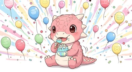 Obraz premium A charming cartoon illustration of a happy pink baby dinosaur sitting amidst a vibrant celebration.