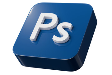 3d blue app button with ps letters icon. software app concept. Minimal cartoon photo editor design tool graphics for ui kit app store banner. isolated on white background. 3d render.