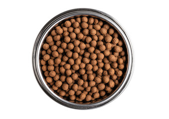 Top-down view of a metal dog food bowl filled with small, round, brown food pellets