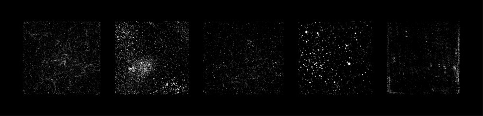 Set of grunge dust and scratch textures on black background. Vintage film grain overlays for photo editing, design, or noise effect. High contrast texture pack