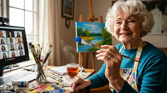 Senior woman attending an online art class, painting with a blue brush in her home studio
