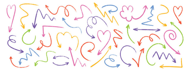 Colorful crayon arrow collection with hand drawn texture in pastel colors. Playful doodle style creative directional pointers, curved lines and zigzags, spirals, hearts and decorative shapes.
