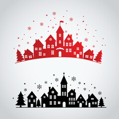 Winter Town Silhouette Set &ndash; Christmas Village Illustration
