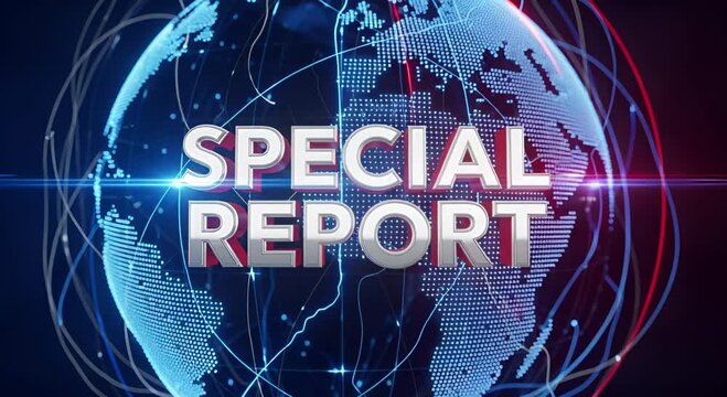 Special report graphic featuring a digital globe with red and blue light effects and data streams animated 4k video
