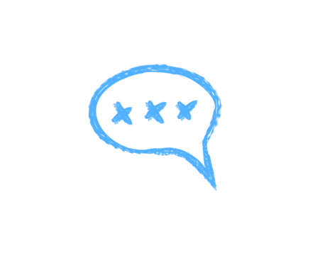 Simple Blue Crayon Drawn Speech Bubble Icon with Three Asterisks Inside on a Transparent White Background Representing a Message or Conversation in a Handcrafted Style