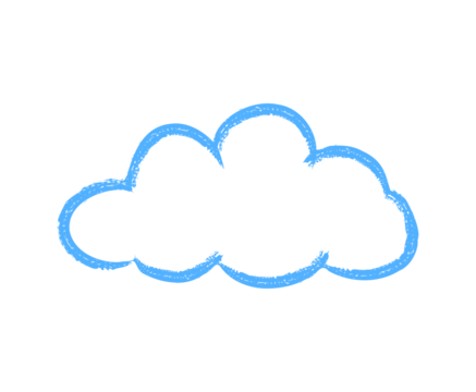 Simple blue outlined cloud drawing on a transparent white background representing weather or ideas