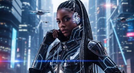 A futuristic, cybernetic woman in a sleek, metallic outfit with glowing blue accents stands in a futuristic cityscape, using a futuristic phone with a holographic interface.