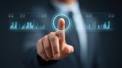 Businessman interacting with futuristic data visualization interface, using touch gesture to analyze financial trends, charts, and metrics in a modern workspace