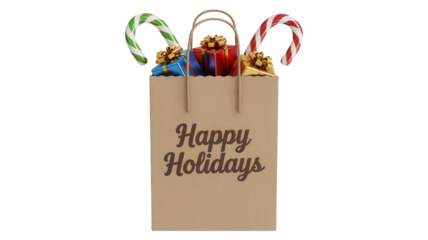 Brown paper gift bag with happy holidays text filled with colorful christmas ornaments and candy canes isolated on transparent background
