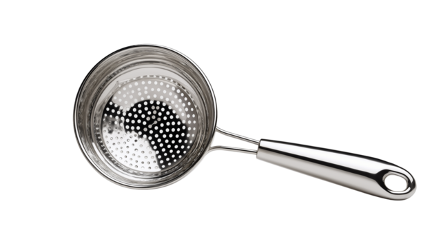 Stainless instrument to remove impurities from liquids isolated on white background or transparent png, durable filtering tool for clean fluid processing.