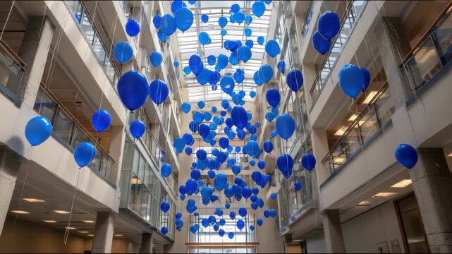 Festive Blue Balloons Floating in a Brightly Lit Open Hallway Atrium with White Walls and Ceiling Decor Lightening Up the Space for an Event or Celebration