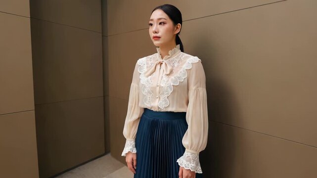 araffe woman in a white blouse and blue pleated skirt