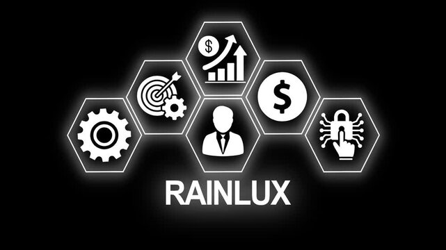 Rainlux company branding with financial growth and cyber security concepts on black background