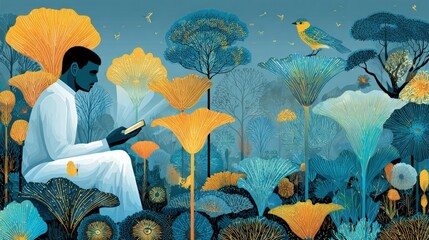 A serene scene of a person reading in a vibrant forest filled with colorful flowers and birds
