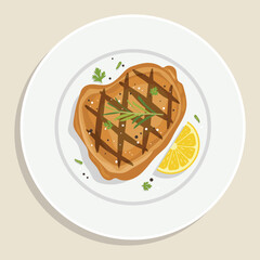 flat color of grilled chicken thigh, seasoned with herbs, pepper, and a slice of lemon