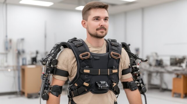 Innovative robotic exoskeleton technology empowering human strength and mobility in rehabilitation and industrial applications in a modern workspace environment